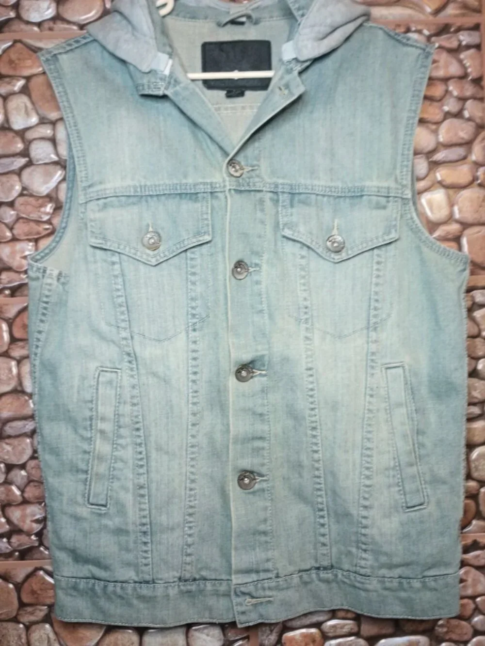 Sleeveless Denim Vest Detachable Hood Stone Wash Blue & Gray Size M Grunge - Picture 4 of 16
